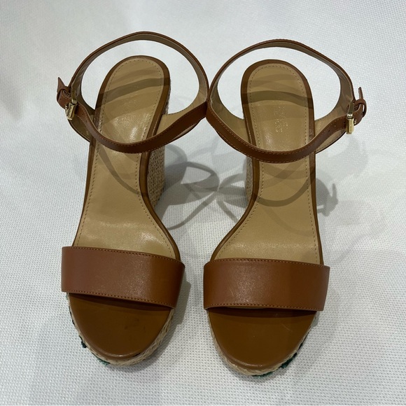 MICHAEL Michael Kors Fisher Leather & Palm Tree Embroidered Wedges Tan Size 7.5 - Picture 3 of 8